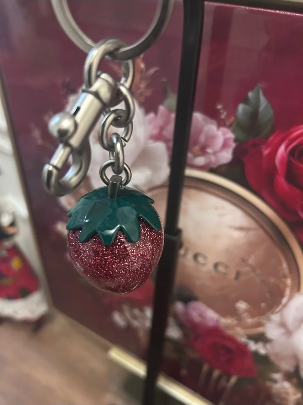 Glitter Strawberry Keychain with Green Leaf Top
